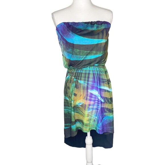 Express  Hi Low Strapless  Dress Multi Color  SZ S Black Green Stretch New - Picture 1 of 14